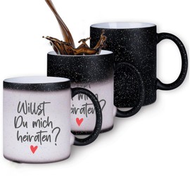 Zaubertasse "Willst Du mich heiraten?" - Farbwechseltasse mit Glitzerpartikeln - Magic-Thermo-Effekt