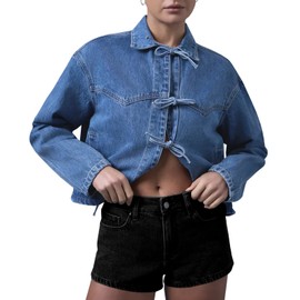 Tankaneo Womens Bow Tie Front Denim Jackets Cropped Oversized Casual Jean Shackets Y2k Lightweight Cute Coats