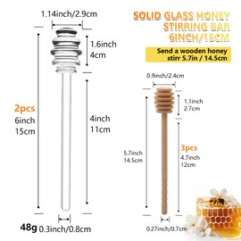 2PCS Glass and 3PCS Wooden Honey Dipper, 6 inch Honeycomb Stick, Honey Stirrer Stick for Honey Jar Dispense Drizzle Honey, For Durable Kitchen Honey Tools