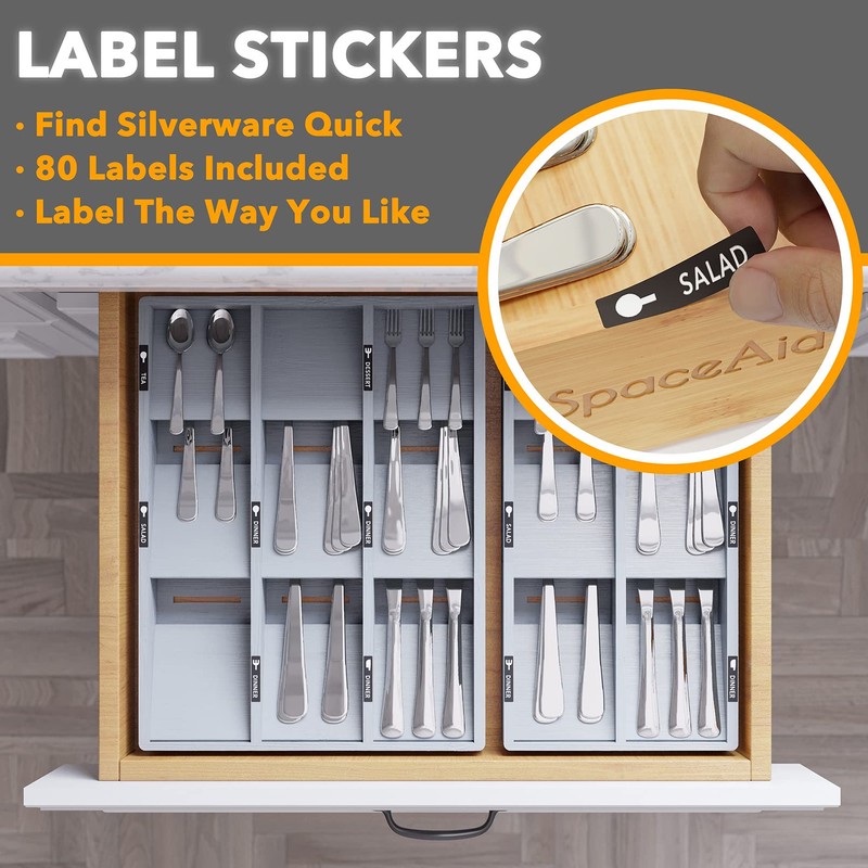 SpaceAid Bamboo Silverware Drawer Organizer with Labels, Kitchen Utensil Tray