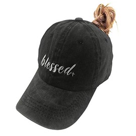 MANMESH HATT Blessed Ponytail Hat Messy Bun Vintage Washed Distressed Twill Plain Baseball Cap for Women (Black, One Size)
