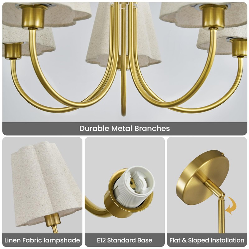 Linour Gold 5 Light Chandelier for Dining Room, Fabric Shade