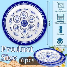 Yoande 6 Pcs Passover Seder Plate 10'' Round Renaissance Passover Plate Blue and White Artistic Tray with Symbolic Seder Food for Pesach Feast Party Favors Table Decorations Dinner