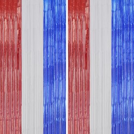 DECOCKRAT 2 Pack Foil Fringe Backdrop - Red&White&Blue Shiny Tinsel Curtains for Party Decoration/Photo Booth Props - 3.3x6.6 FT Metallic Foil Backdrop for Birthday, Wedding, Graduation, Christmas.