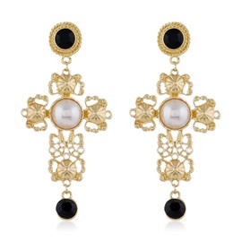 KVANU Unique Chic Big Gold Cross Red Heart Earrings Sparkly Crystal Baroque Hollow Cross Drop Dangle Earrings for Women Teens Bar Party Gifts (Black)