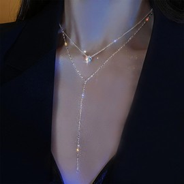 Cybche Boho Layered CZ Y Necklace Silver Y Drop Necklace Long Chain Y Lariat Necklace Sparkly Rhinestone Pendant Necklace Crystal Y Shape Necklace Choker Chain Jewelry for Women