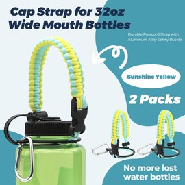 LUTQ 2 Packs Cap Strap for 32oz/53mm Wide Mouth Bottles - Durable Strap with Aluminum Alloy Safety Buckle - Handle Compatible with Nalgene -Sunshine Yellow