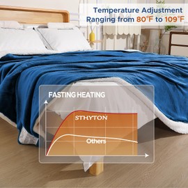 STHYTON Heated Blanket Throw 50"x60", Ultra‑Soft Flannel & Sherpa Electric Throw, Fast Heat & Overheat Protection, 9 Temps (80–109°F), 2/4/6/10H Auto‑Off, Winter Gifts for Grandma, Blue