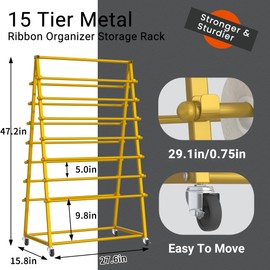 Tredre Ribbon Organizer Storage Rack, 15 Tier Metal Holder for Craft Room & Gift Wrapping – Double-Sided Vinyl Roll Display, Ideal for Ribbon, Scarves, Ties, Belts & Towels (Gold)
