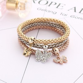 3Pcs/Set Multilayer Stretch Bracelet Butterfly Heart Key Lock Crown Charms Bangles Bracelet Crystal Charms Bracelet Gold/Silver/Rose Gold Corn Chain Multilayer Bracelets for Women