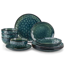 vancasso Starry Dinnerware Set for 4, Handmade Reactive Glaze Stoneware 12 Pieces Plates and Bowls Sets, Dishwasher and Microwave Safe Dish Set, Green