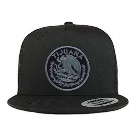 Trendy Apparel Shop Tijuana Mexico Patch 5 Panel Flatbill Trucker Cap - Black - Charcoal Patch