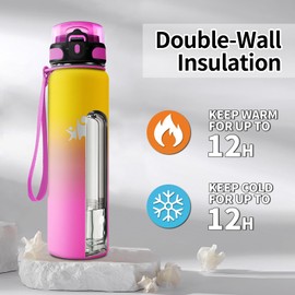 KollyKolla Thermos Flask, 1 Litre, BPA-Free, Insulated Bottle with Straw, One-Hand Opening, Leak-Proof Double-Walled Thermos Flask, Water Bottle for Fitness, Running, Office, Children, Sports