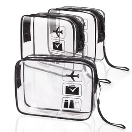 Cretosou Clear Travel Toiletries Bag 3 Pack Makeup Bag with Wrist Strap, Carry-On Toiletry Bag Travel Cosmetic Bags, PVC Waterproof Travel Wash Bags Travel Essentials for Family Men Women (Black)