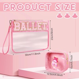 SUILU 2 Pcs Ballet Gifts Cosmetic Makeup Bag with Chenille Letter Patch,with Handles PVC Waterproof Clear Makeup Bag,Portable Toiletry Storage Bag