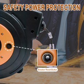 EP Retractable Extension Cord Reel, 45 Ft Heavy Duty Power Cord, 12 AWG/3C SJTOW, 15 AMP Circuit Breaker, Lighted Triple Tap, Ceiling or Wall Mount, UL Listed