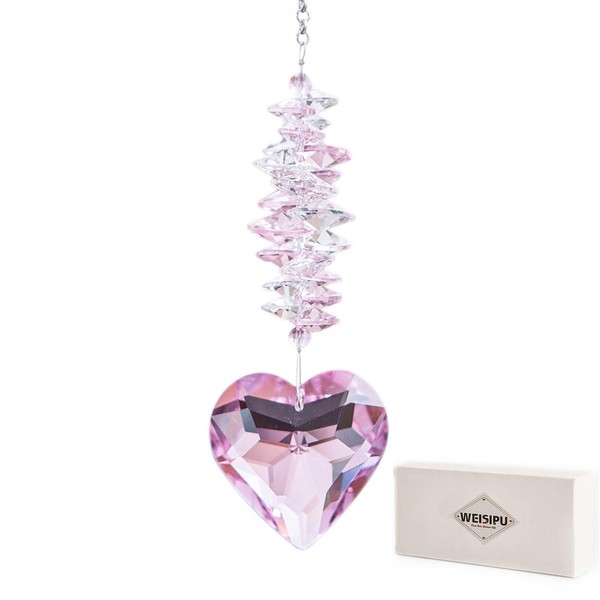 WEISIPU 45mm Heart Crystal Ball Prism Pendant - Windows Suncatcher Outdoor Garden Hanging Décor for Gift,11"Long (Purple)