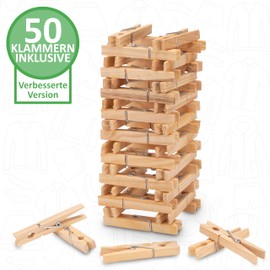 Clothes Peg Bag Including 50 Wooden Clothes Pegs - 100% Cotton Peg Bag with Extra Large Carabiners for Hanging - Clothes Peg Basket with Closure