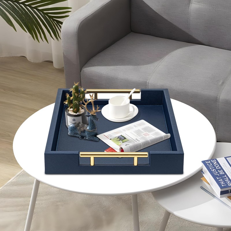 Navy Blue Faux Leather Serving Coffee Tray with Gold Handles,Rectangle
