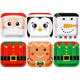 30 Pcs 7 Inch Christmas Dessert Paper Plates Square Christmas Disposable Plates Cute Santa Claus Snowman Gingerbread Penguin Tableware for Xmas Holiday Party Supplies Decorations, 6 Styles