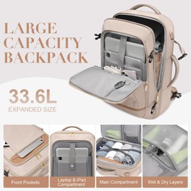 VNINE Travel Backpack for Women Men: Large Carry On Backpack Flight Approved with 3 Packing Cubes Expandable Personal Item Travel Bag with USB Charging Port Fits 17" Laptop Travel Essentials Beige