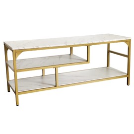 AT-VALY 3-Tier Stand for TV Media Console Table with Open Shelving Storage for Living Room Bedroom (Gold Frame with White Faux Marble top PB Board)