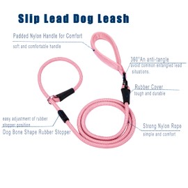 Slip Lead Dog Leash Strong Nylon Rope Leash Anti-Choking Anti-Pull and Outdoor Walking Training Lead for Small Medium Large Dogs (Pink, 1/2"×6ft)