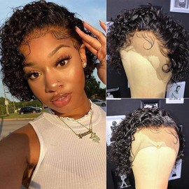 Pixie Curly Lace Wig Preplucked Human Hair Wigs Short with Baby Hair Bob Wigs Glueless Short Wig Curly Brazilian Remy Hair (150, 10 inches)