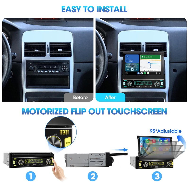 Single Din Flip-Out Touchscreen Radio: 7 Inch Wireless CarPlay Android