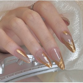 24 Pcs Almond Press on Nails Medium Gold Nails Press on 3D Stiletto Artificial Nails with Gold Swirl Design Stick on Nails Soft Gel Nail Tips for Young Girls Present