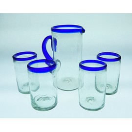 Mexican Glasses & Pitcher, Blue Rim 16 Oz (Set of 4)