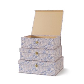 Soul & Lane Blue and White Floral Cardboard Decorative Storage Boxes with Gold Hardware - Set of 3, Aviary Garden - Stacking Boxes with Lids for Home Decor and Organizing, Elegant Design