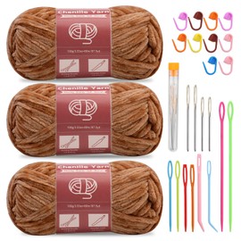 SUVSOON 3 * 100g Chenille Yarn, Velvet Yarn for Crocheting and Knitting with Needles Stitch Marker Handcrafts Weaving Soft Chenille Yarn for Blankets, Clothes, Pattern Knitting(Light Khaki)