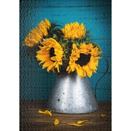 Ulmer Puzzleschmiede - Sun Worshiper Puzzle - Classic 1000 Piece Puzzle - Vintage Sunflower Bouquet Puzzle in a Metal Vase with the Symbolism of Fallen Petals