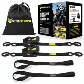 Stay There Retractable Ratchet Straps (2-Pack) - 1 Inch x 7 Feet (1200lb Break Strength) - Heavy Duty Auto Self Retracting Tie Down Straps for Truck, Cargo Trailer, Motorcycle & More - Black