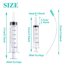 4pcs Plastic Syringe with 13inch Tube for Liquids, Oral, Scientific Labs, Measuring, Dispensing, animal feeding, pouring plants, including 2pc of 20ml and 60ml Syringes