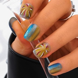 Sethexy Cat Eye Handmade Press On Nails Short Coffin Hand-painted False Nails with Design Acrylic Glossy Salon Fake Nails for Women and Girls 10PCS (Yellow)