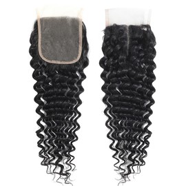 Urshiney Deep Wave Human Hair Bundles with Closure Deep Curly Human Hair Weave Bundles Double Weft Brazilian Curly Bundles Human Hair Free Part 4x4 Lace Closure 14 16 18 + 12 Inches