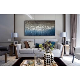 Landswaydecor Blue and Grey Abstract Wall Art Hand Painted Textured Oil Painting on Canvas for Office Living Room