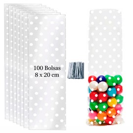 100 Clear Cellophane Candy Bags with White Dots 100 Metal Bows (8 x 20 cm (Pack of 100)