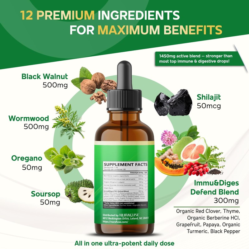 NURAFUSE Organic Wormwood, Black Walnut, Oregano, Soursop, Shilajit Liquid Drops