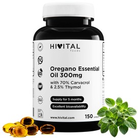 Oreganoöl 300 mg. 150 Weichkapseln für 5 Monate. Mit nativem Olivenöl extra, 70% Carvacrol und 2,5% Thymol pro Kapsel. 100% natürlich, glutenfrei, nicht gentechnisch verändert. Hergestellt von Hivital