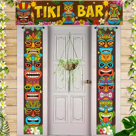 Tiki Banner Luau Door Cover 3 Pieces Hawaiian Luau Party Decoration Supplies Tiki Totem Banner Porch Sign for Aloha Hawaii Luau Tropical Moana Birthday Carnival Party Wall Hanging