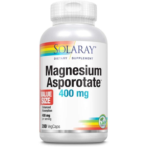 Solaray Magnesium Asporotate 400 mg | High Absorption Formula | Healthy Heart & Nerve Support | 100 Serv, 200 VegCaps