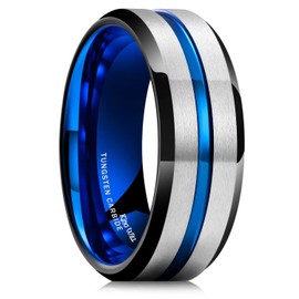 King Will 8mm Silver Mens Tungsten Wedding Rings Blue Groove Matte Brushed Finish Surface Black Beveled Edge Blue Inner Face Wedding Band for Men Women 8