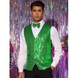 Lars Amadeus Men's Green Sequin Waistcoat Shiny Sleeveless Party Prom Dress Suit Vest with Bow Tie Medium Green