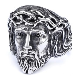 Vintage Silver Jesus Head Signet Stainless Steel Ring For Women Men Religious Amulet Baptism Band Antique Thumb Knuckle Ring Hip Hop Biker Baptism Christian Catholic Costume Jewelry Gifts Accessories (7)