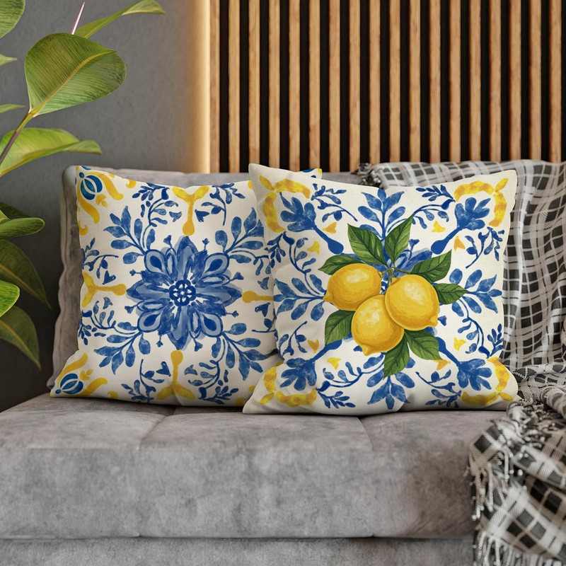 Fahrendom Blue Lemon Italy Tile Pattern Decorative Throw Pillow Covers
