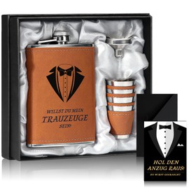 Best Man Hip Flask Willst Du Mein Trauzeuge Sein Geschenk Trauzeugen mit Karte 8oz Hip Flask with Engraving Leather Brown 4 Cups Funnel in Black Gift Box Stainless Steel Shot Glasses Man for Wedding