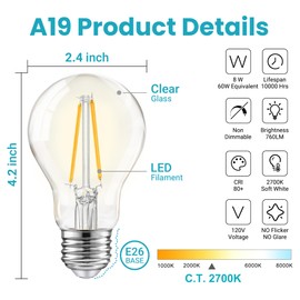 TJOY 12 Pack A19 Vintage LED Edison Bulbs, Non-Dimmable, 60W Equivalent, High Brightness 2700K Warm White, 8W E26 Standard Base, 760 Lumens, CRI80+, Clear Glass Filament Bulb for Home, Farmhouse